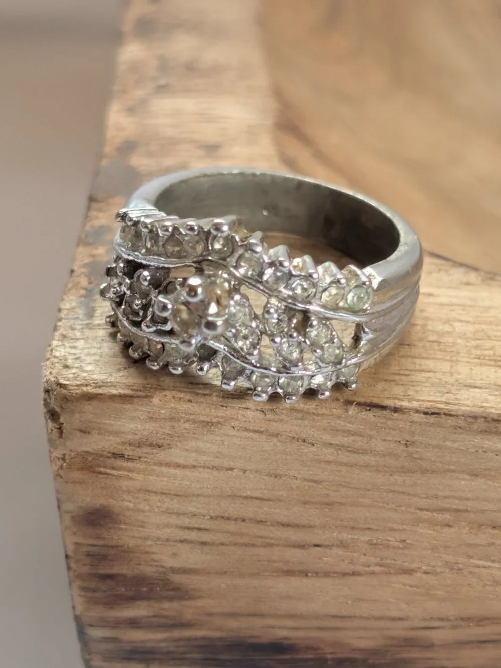 Vintage Sterling Silver CZ Pyramid Cluster Costume Ring Size 7 3/4
